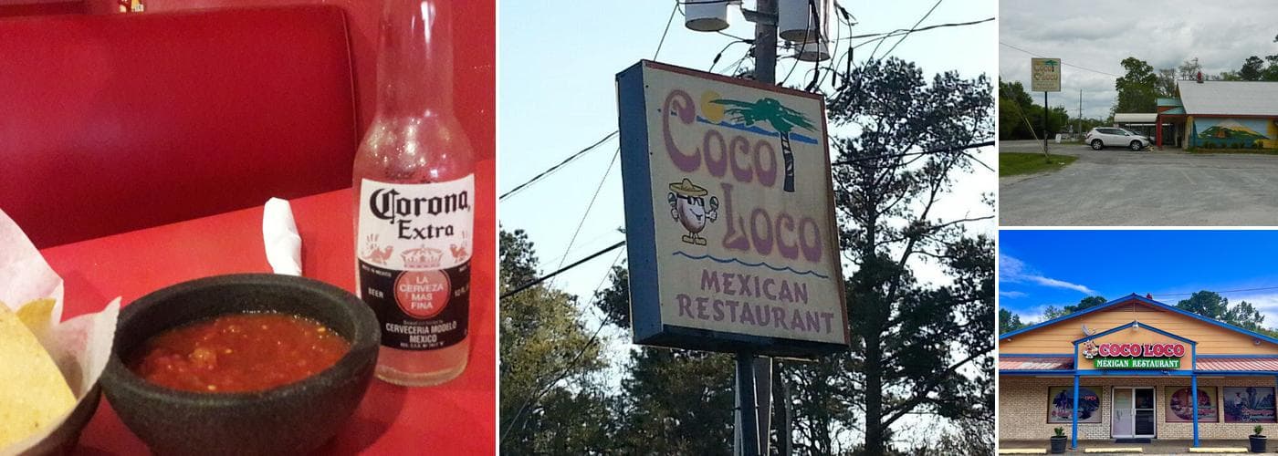 Collage of Coco Loco exterior, sign, chips and salsa, and Corona beer